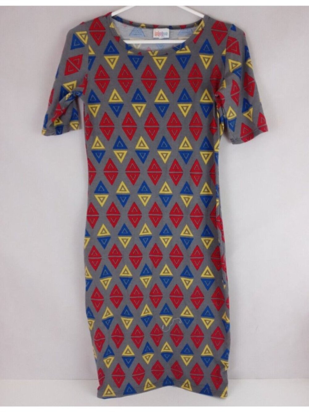 LuLaRoe Julia Gray Pencil Dress With Colorful Triangles Designs Size XS